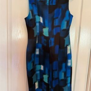 Calvin Klein Blue and Black Abstract Midi Sheath Dress